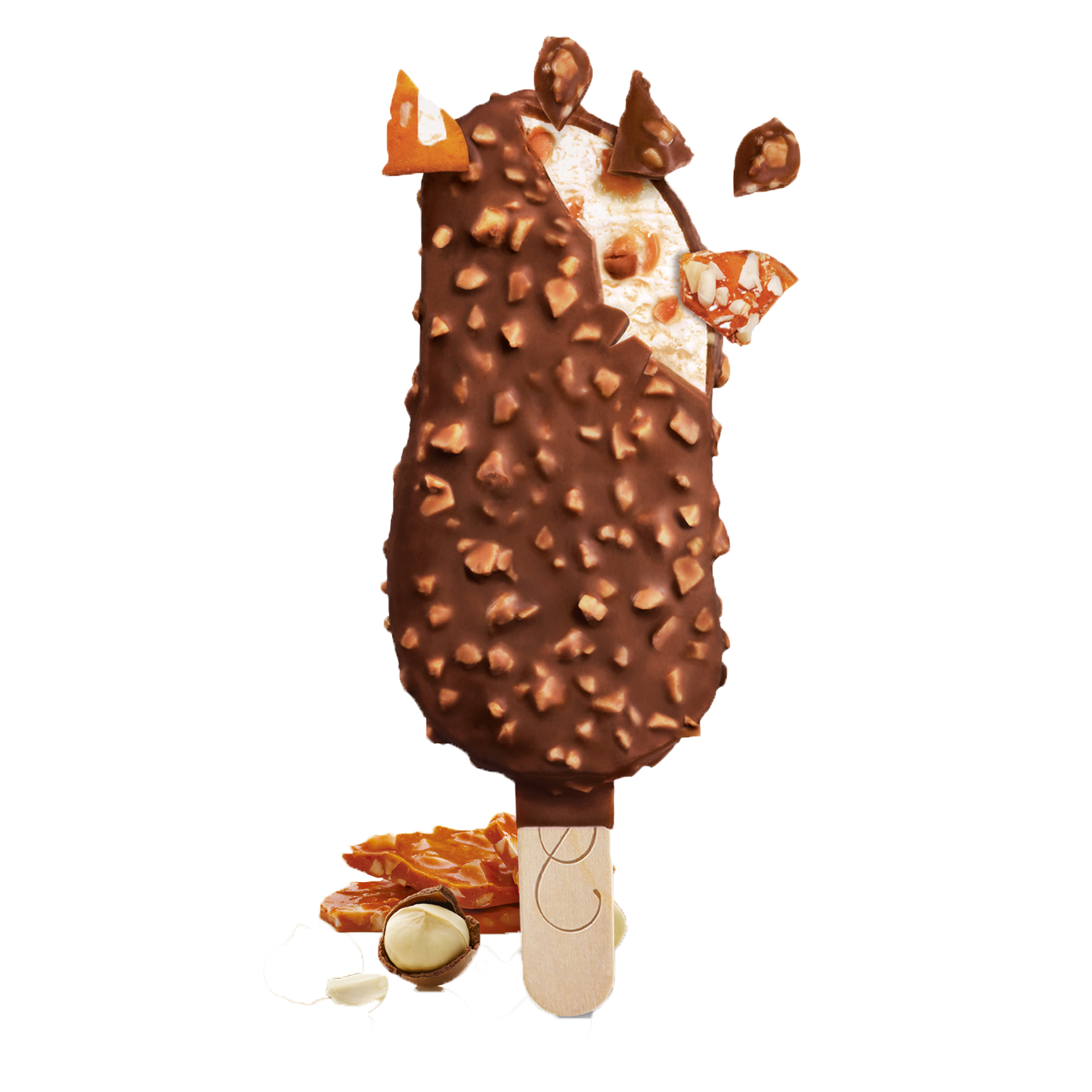 Haagen Dazs macadamia nut brittle stickbar with a bite taken out